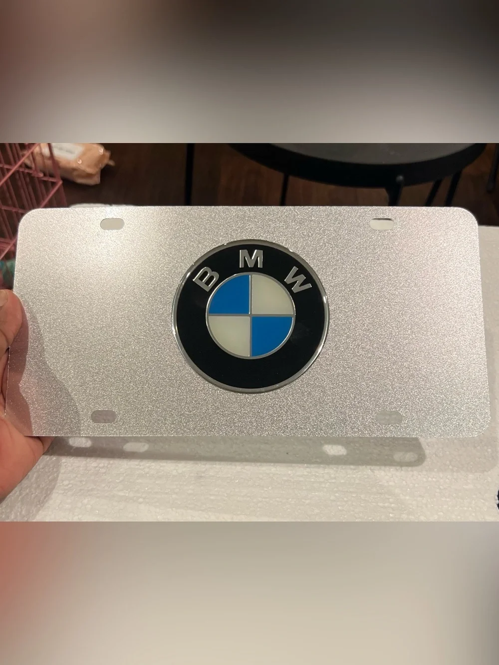 BMW Glitter Sandblast Silver & Raised Chrome BMW Logo Front License Plate Frame